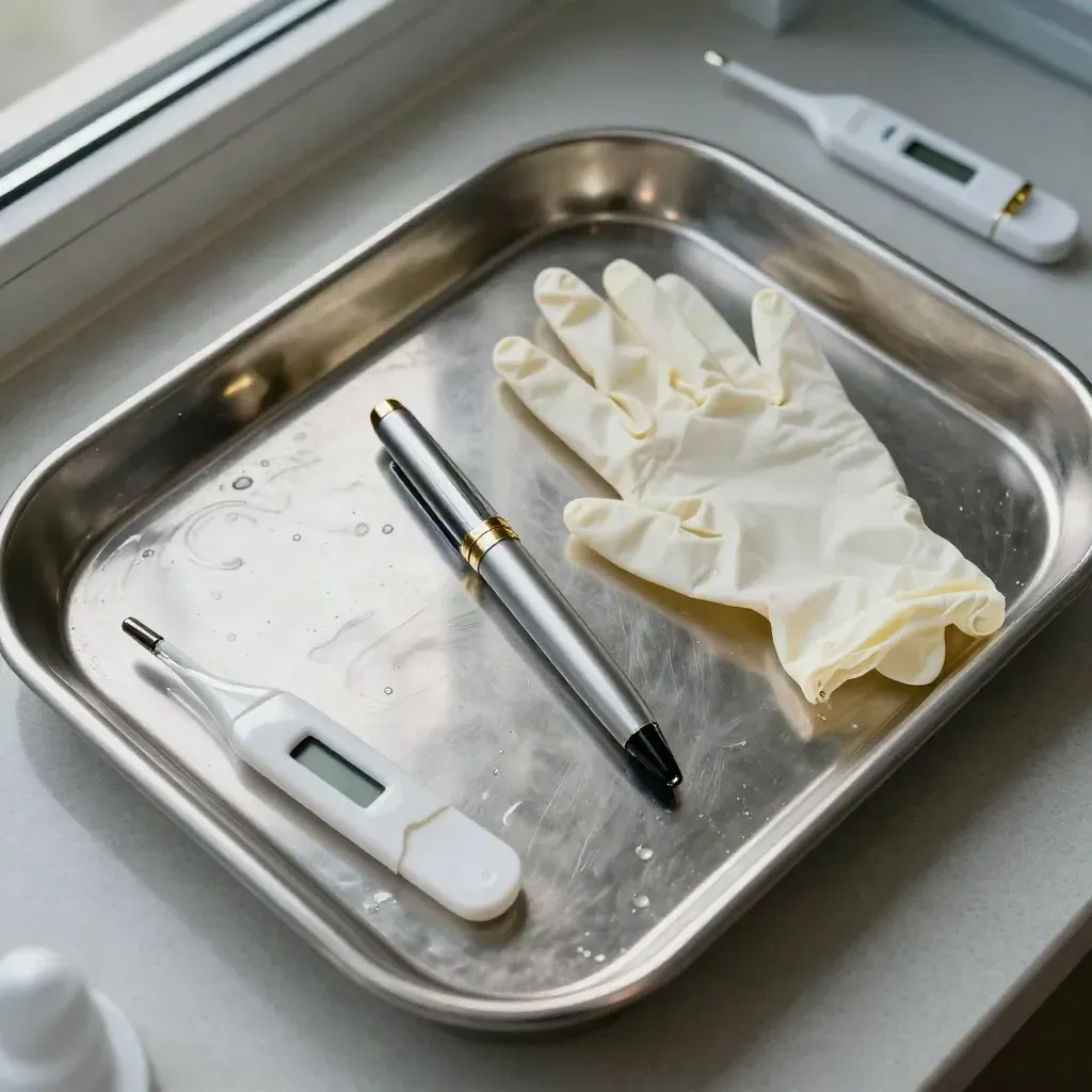 Clinic intake tools arranged on a brushed steel tray in soft daylight.