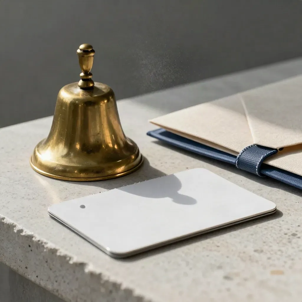 Brass desk bell mid-ring beside a worn keycard sleeve and linen band on pale stone.