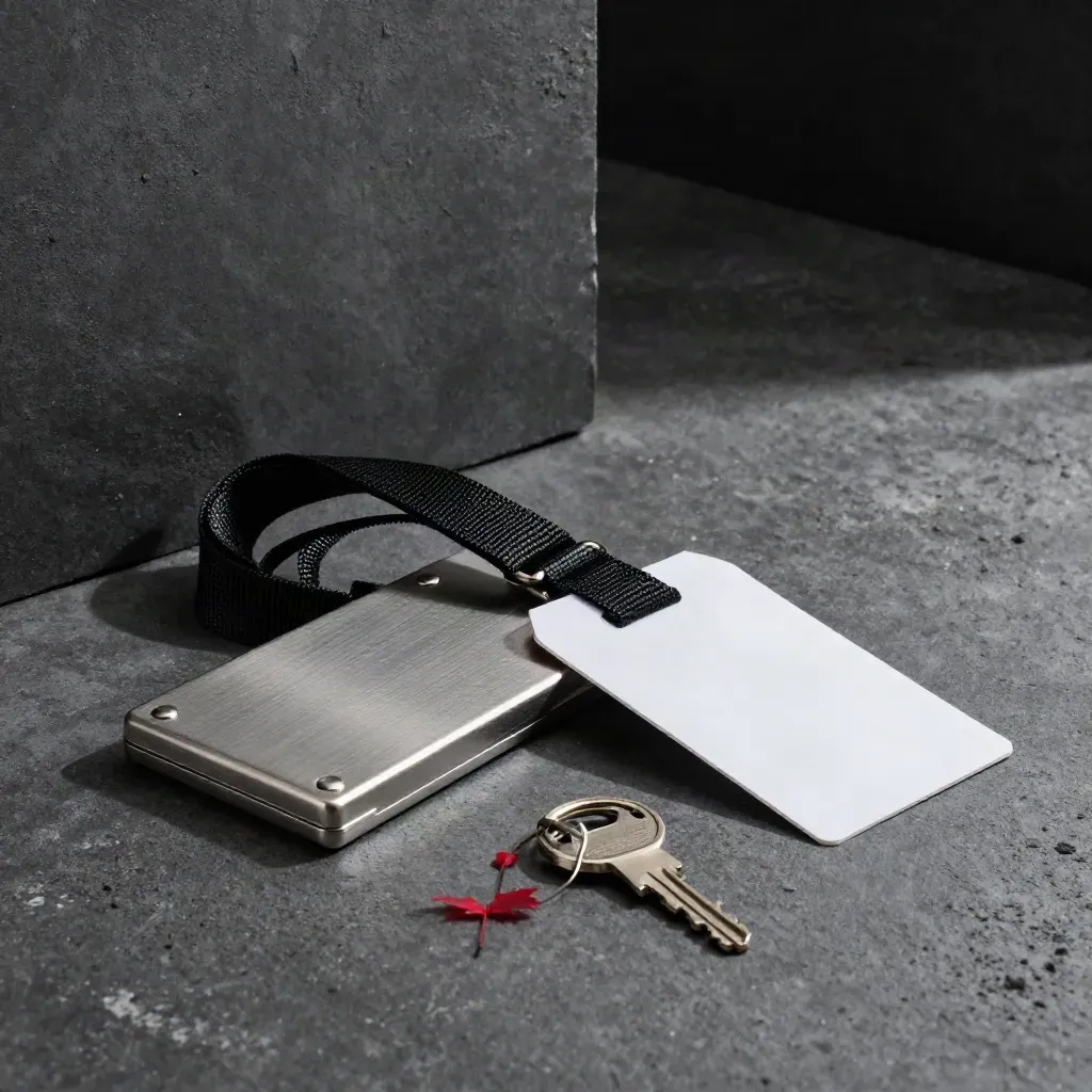 Logistics still life with seal, shipping tag, strap, and key ring on dark concrete