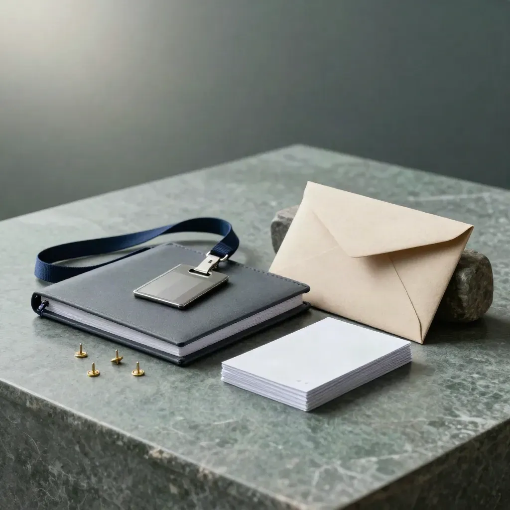 Studio hero of a campus recruiting toolkit with binder, lanyard, pins and cards on stone.