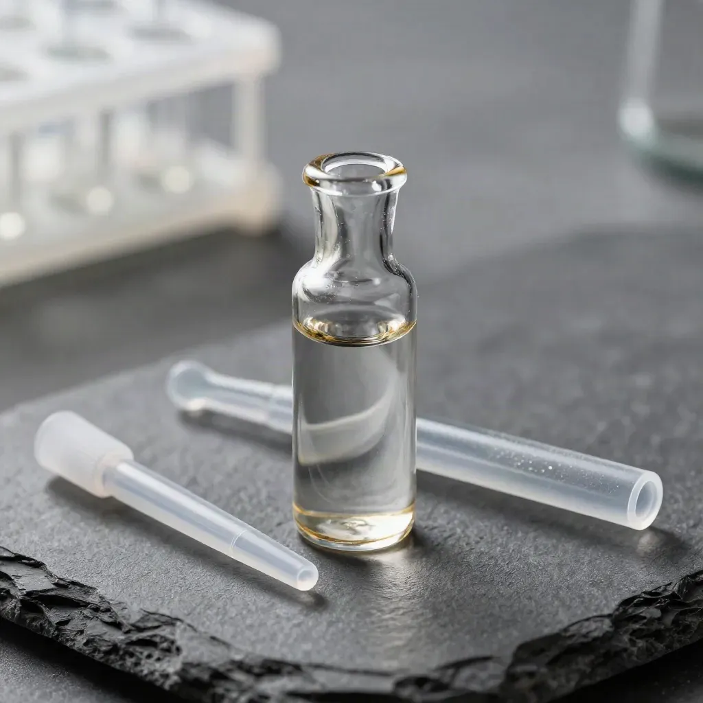 Top-down macro of a graphite lab vial, pipette tips, and frosted sample rack on dark stone.