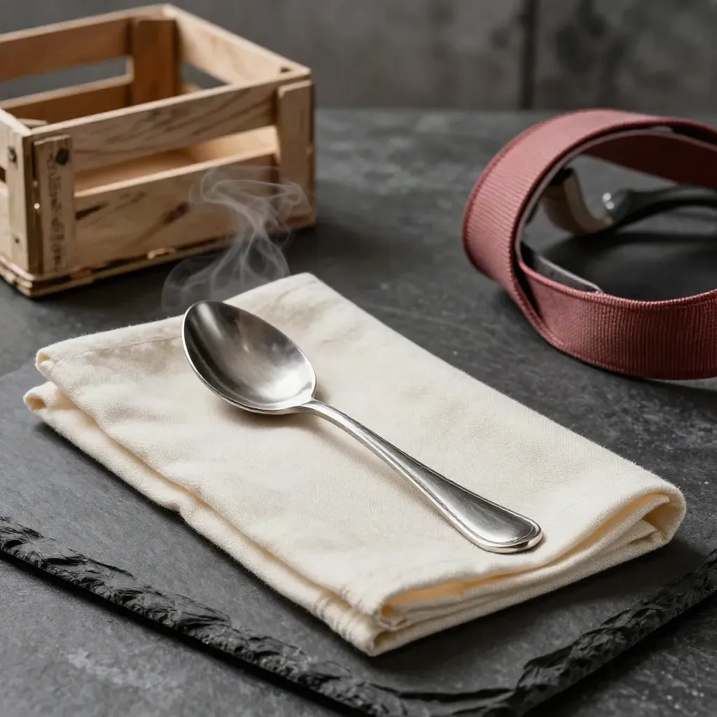 Restaurant hiring still life with linen napkin, steel spoon, produce crate, and apron strap on slate.
