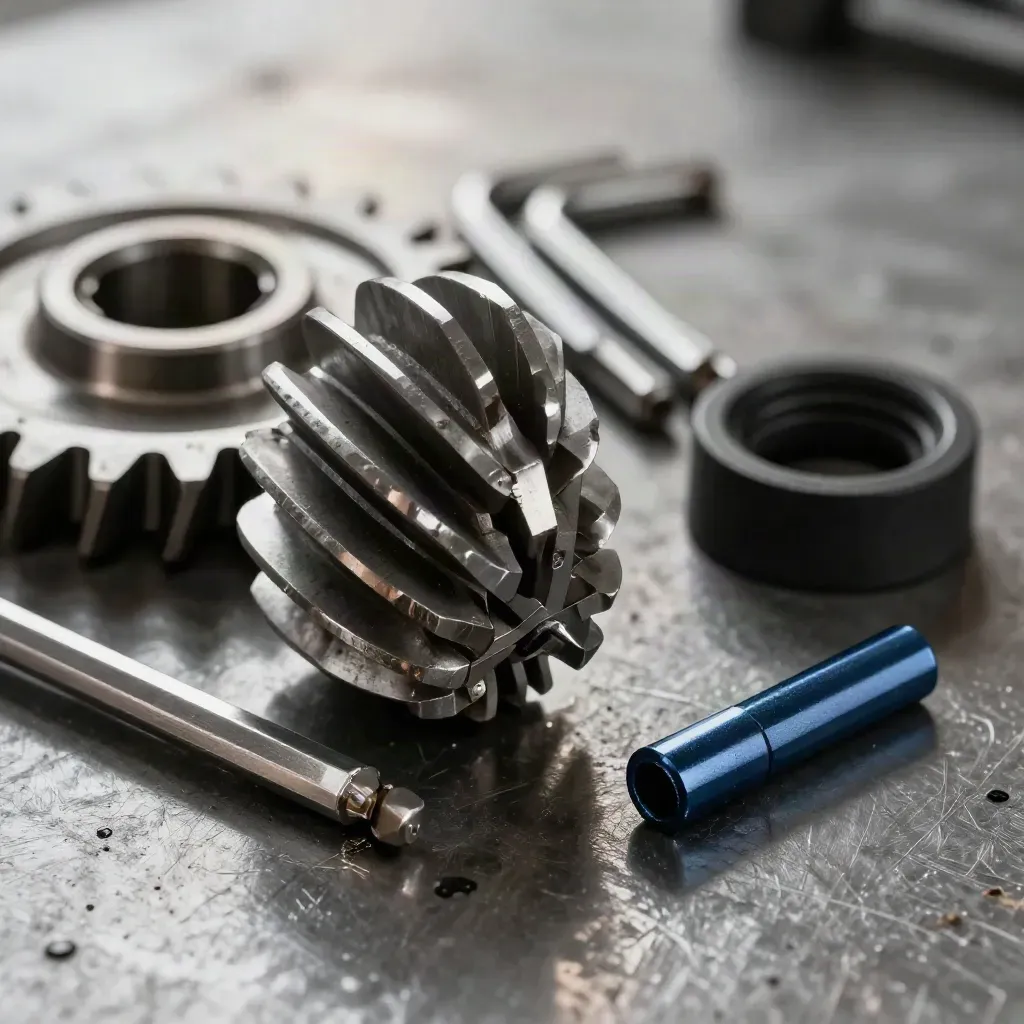 Macro of gears, hex keys and a safety grommet on brushed metal with navy accent
