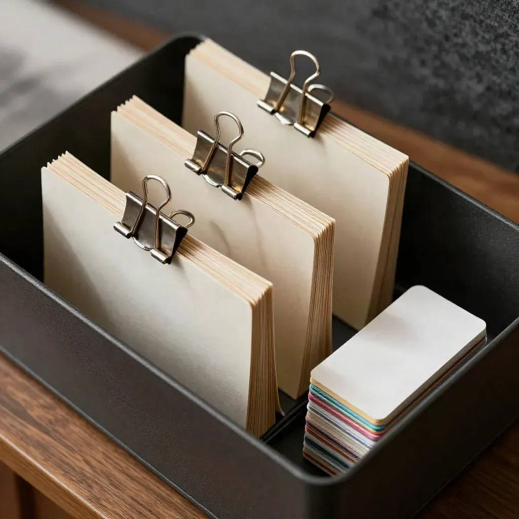 Top-down macro of a black file sorter with dividers, binder clips, and blank index cards on walnut.