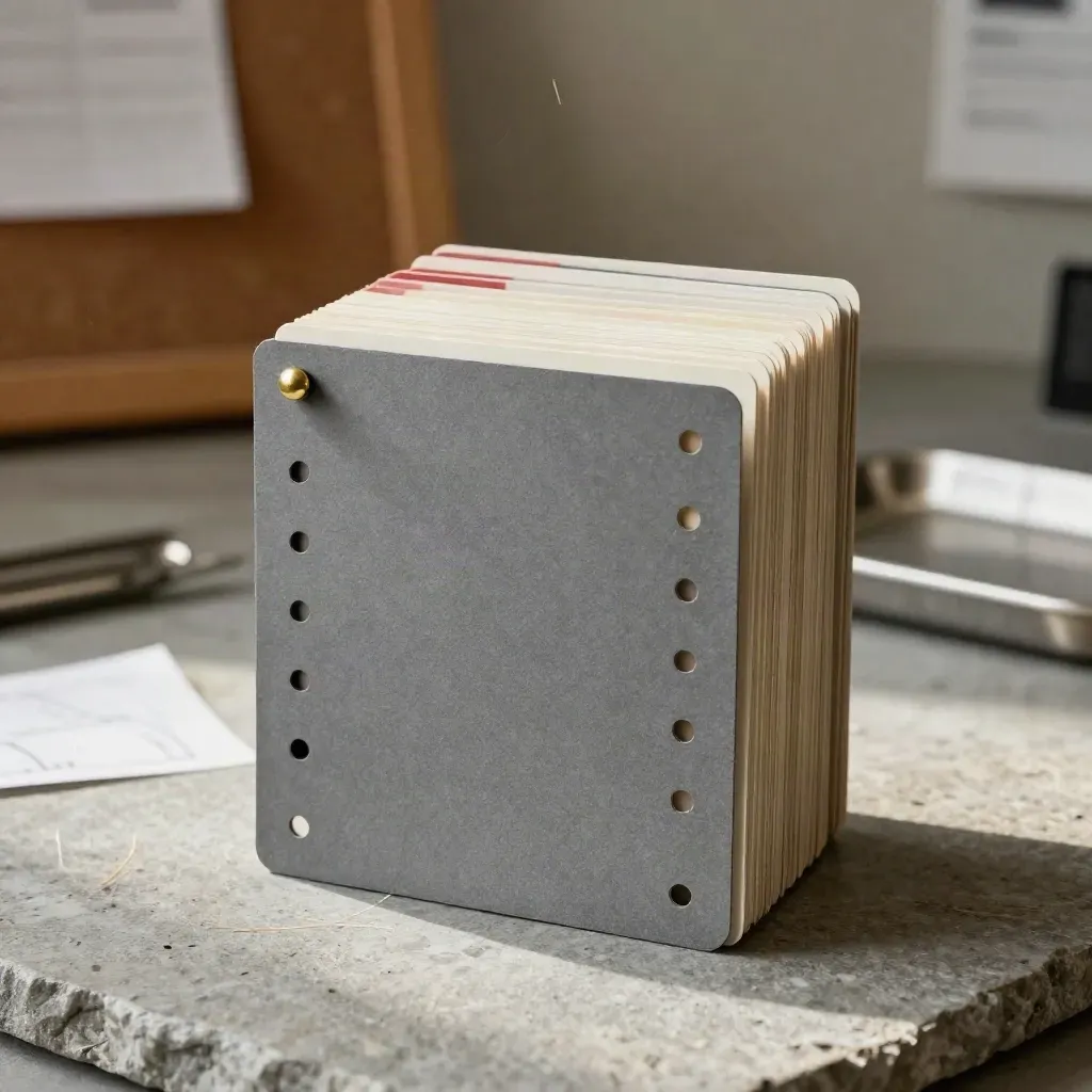 Scheduling cube with brass pin and clipped cards on a campus planning surface.