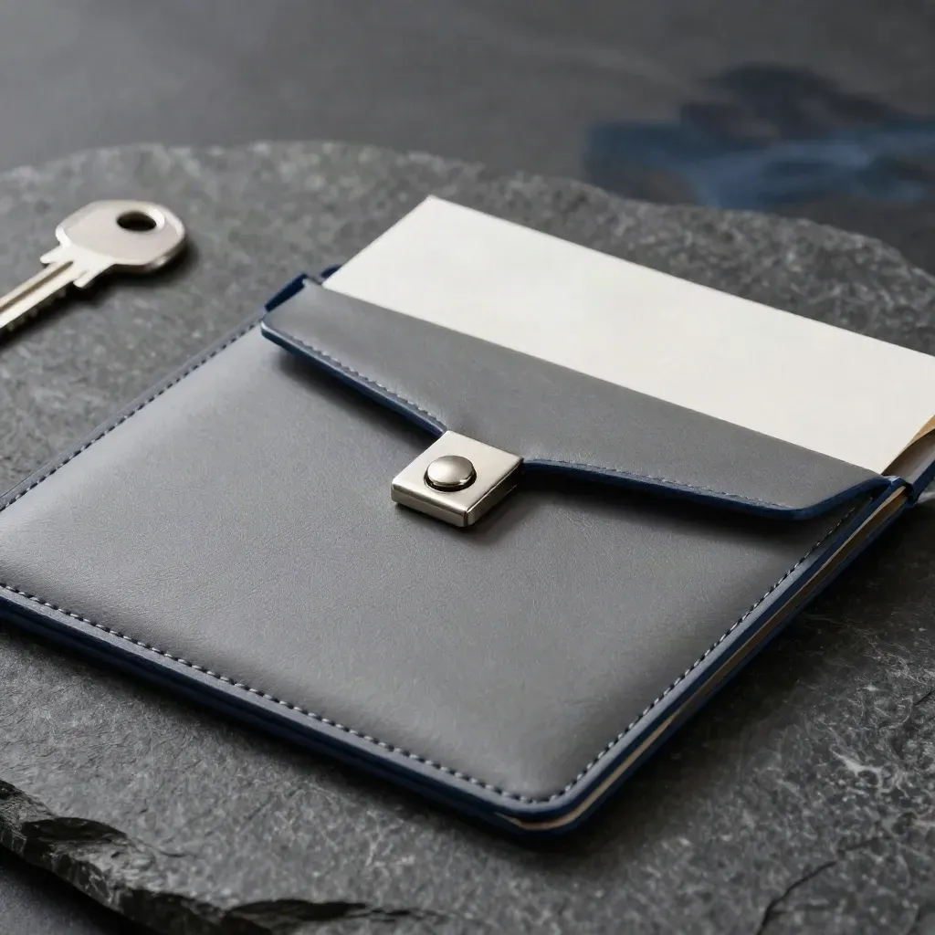Leather portfolio folder, metal clasp envelope, and insert sleeve on dark stone under dramatic light.