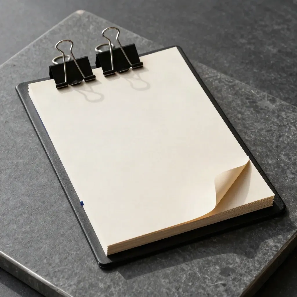 Binder clips pin blank applicant sleeves to a face-down clipboard on graphite stone.