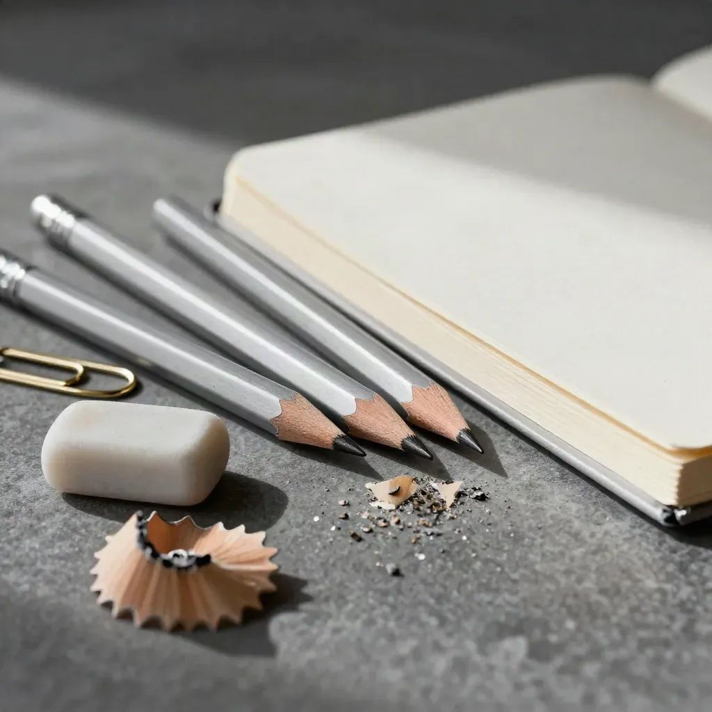 Sharpened pencils, kneaded eraser, paper clip, and closed cream notebook on graphite stone.