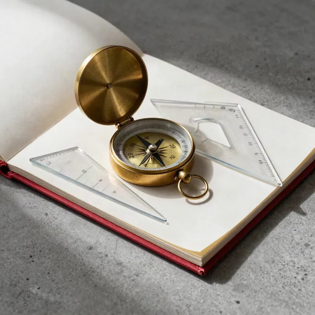 Brass compass with drafting triangles and a blank map sleeve on grey stone