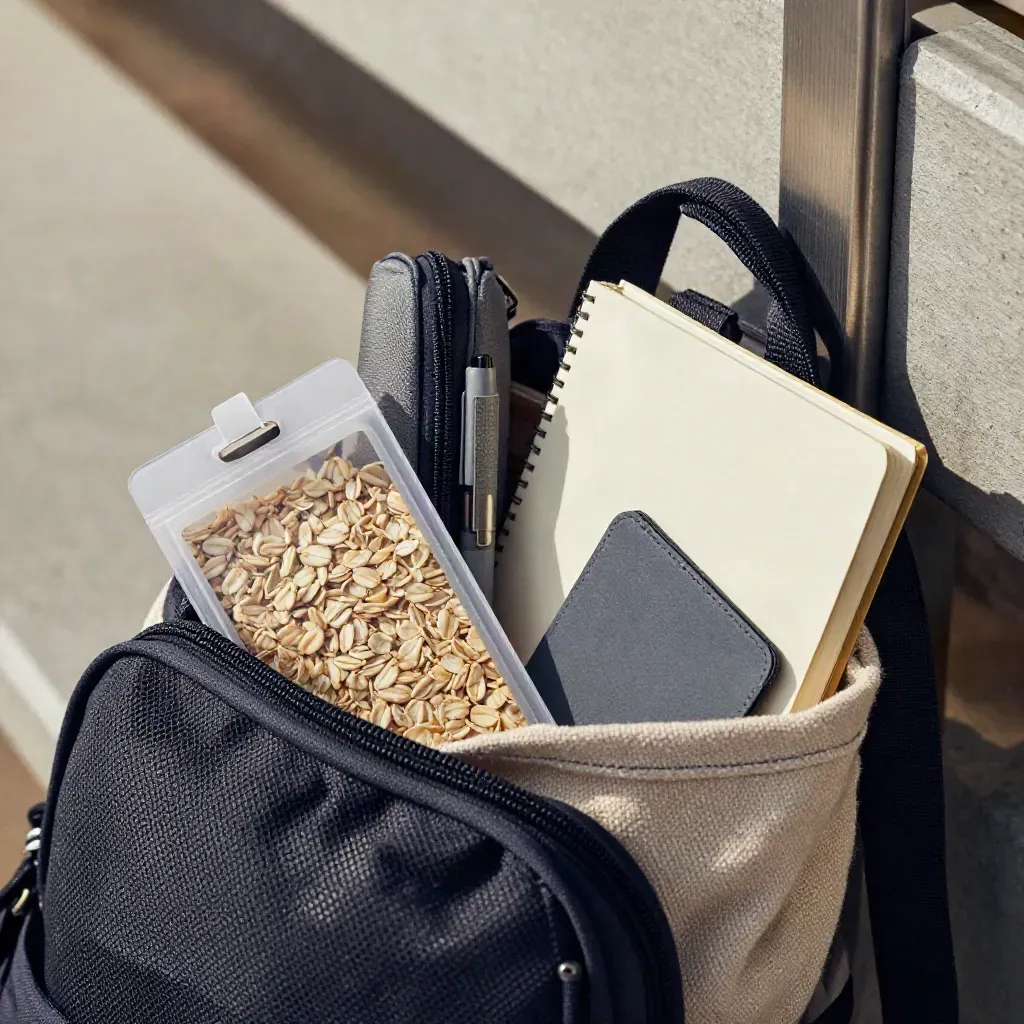 Open canvas tote with campus gear seen through a backpack mesh pocket in a campus hallway.