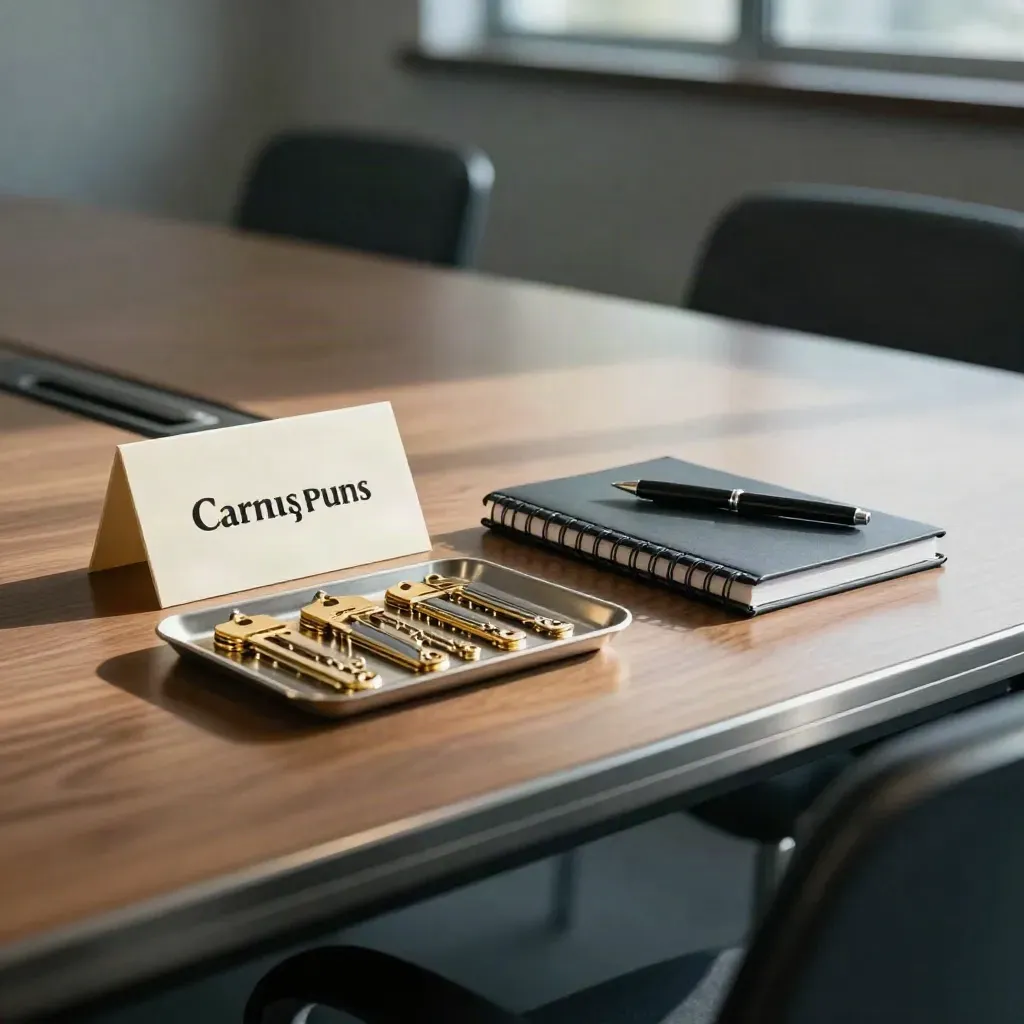 Recruiter table set with name tents, notebook, pen and gold badge clips under dramatic light