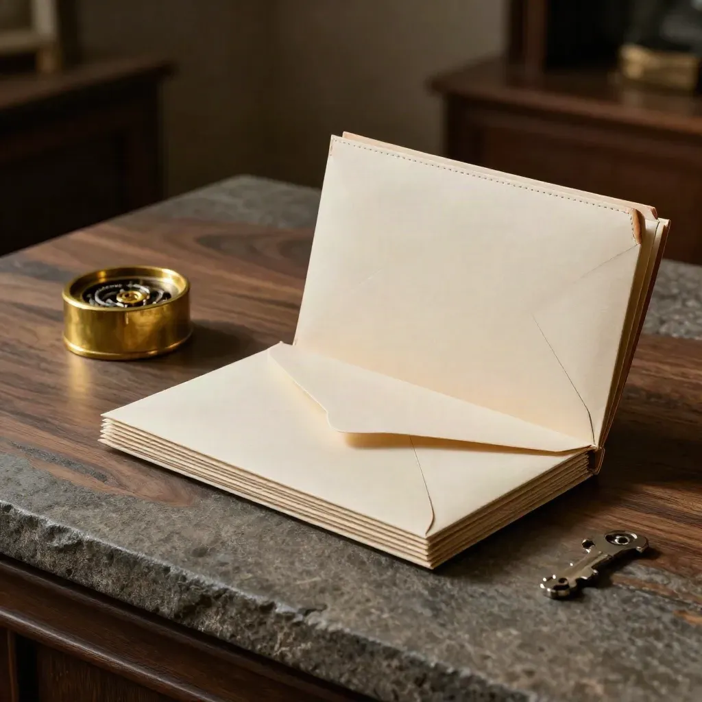Brass paperweight, blank-side-down envelopes, and a folded portfolio on walnut-toned stone
