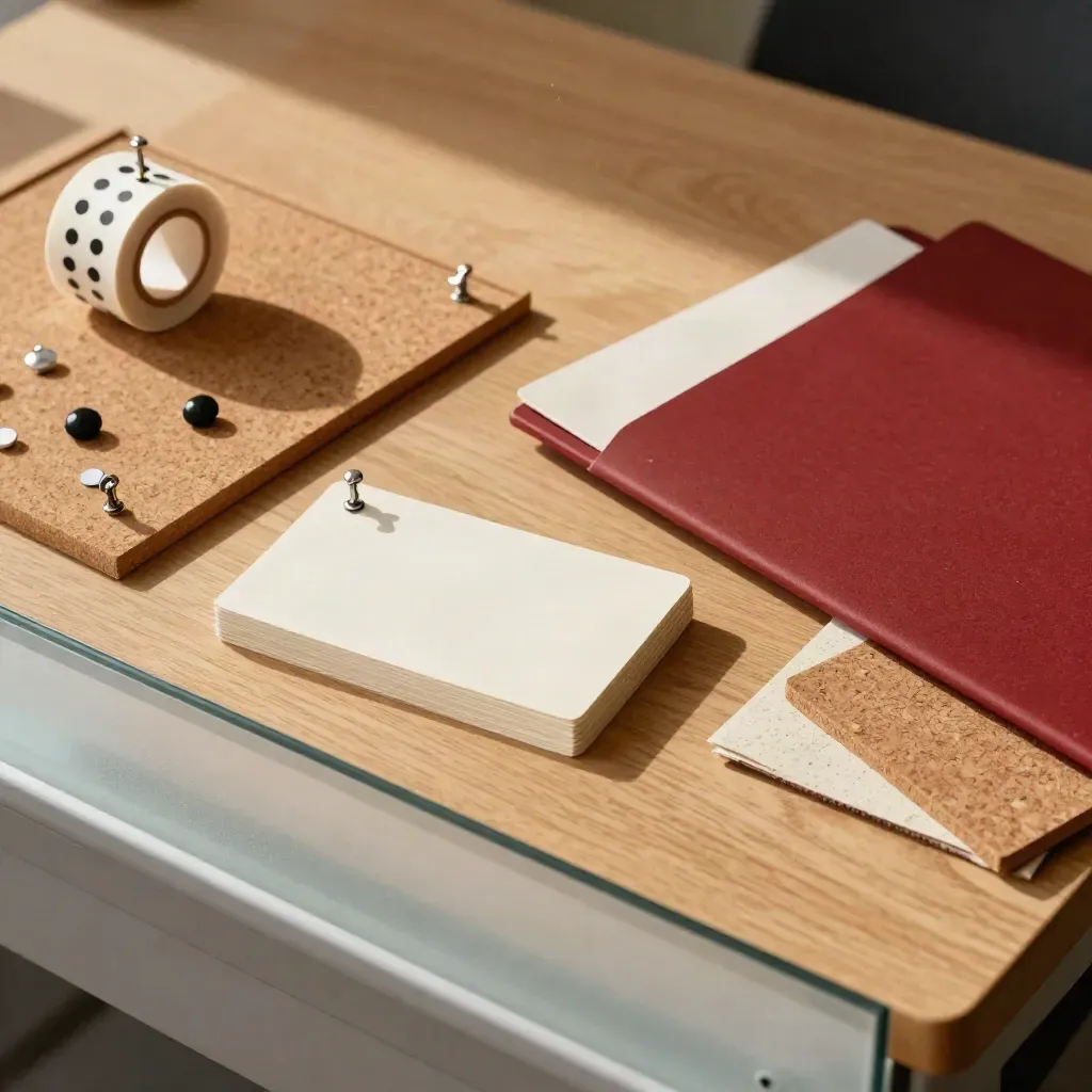 Top-down career-center bulletin kit with pins, adhesive dots, cards and a maple-red folder band