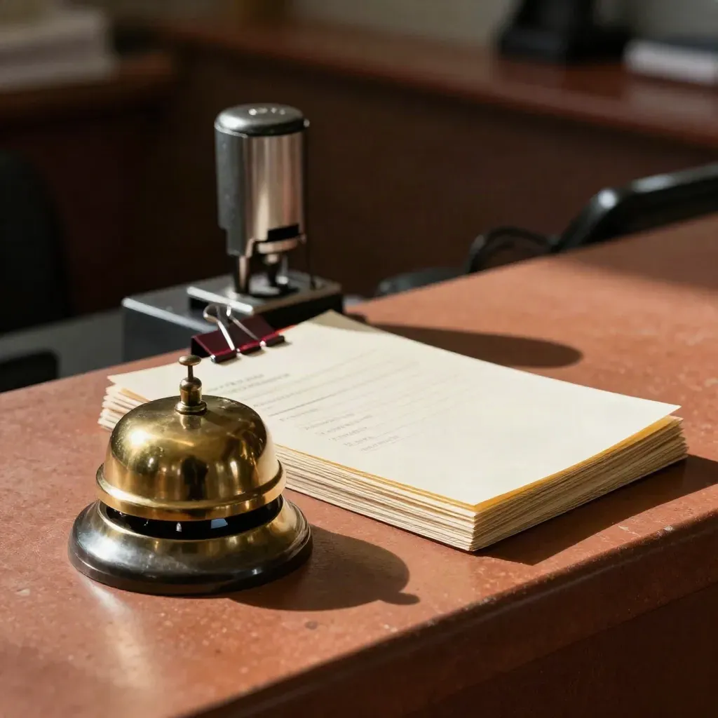 Brass desk bell, clipped approval cards, and metal stamp base on a terracotta ledge