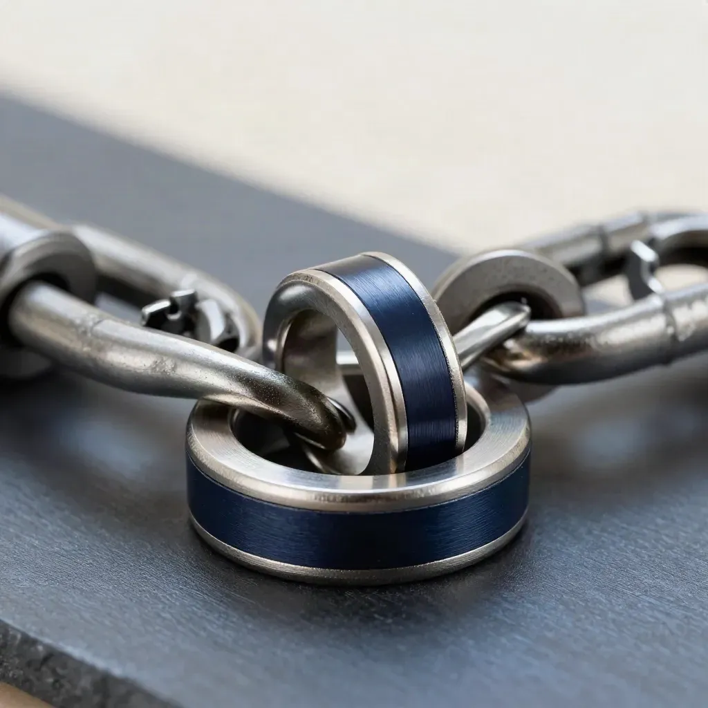 Interlocking metal rings and connector block on graphite with a navy accent
