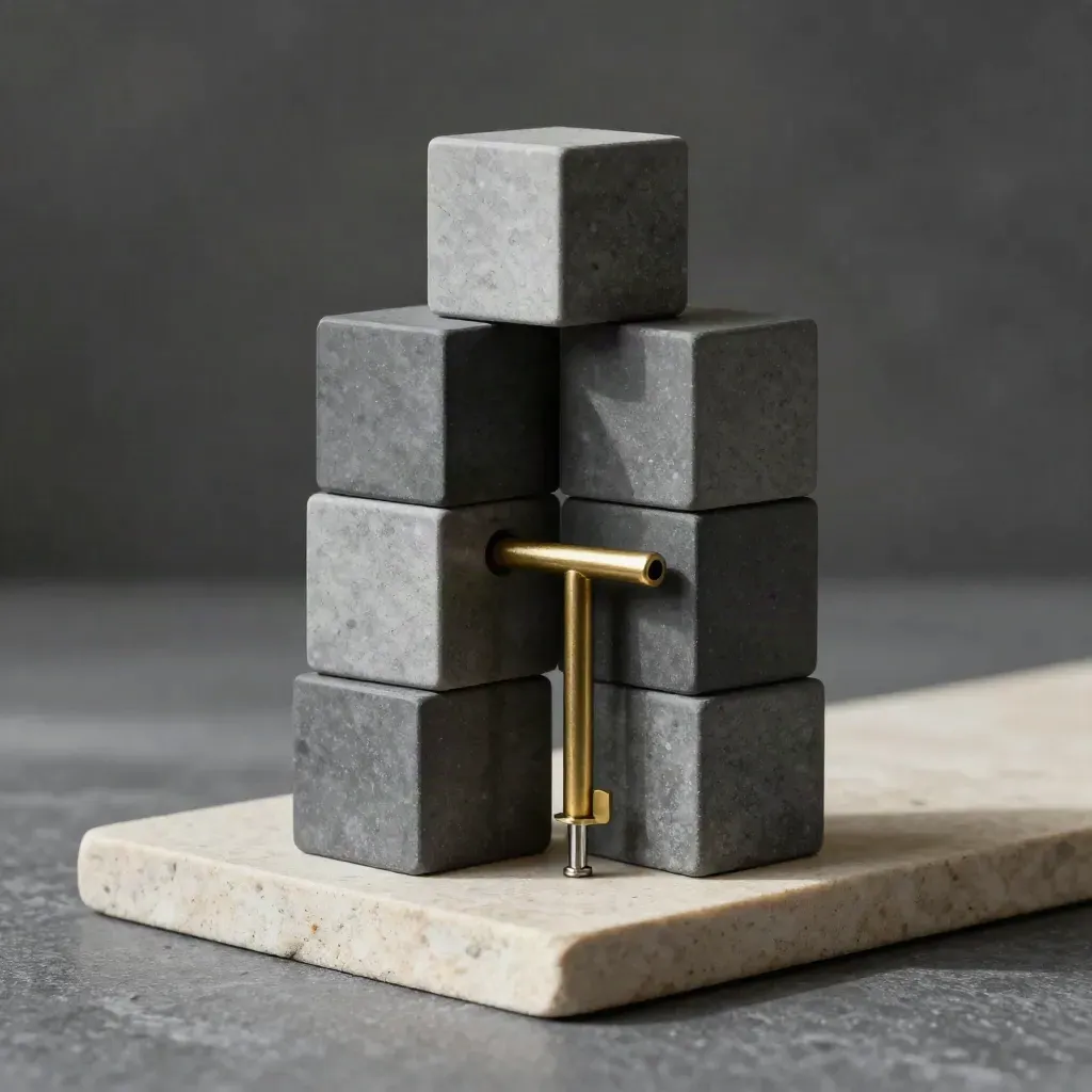 Stepped graphite blocks bridged by a brass bar and peg on limestone in dramatic studio light.