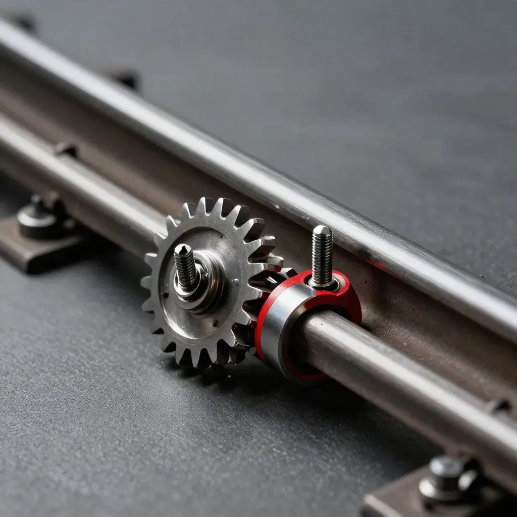 Extreme macro of metal track gears mid-engagement with alignment pins and a maple-red accent.