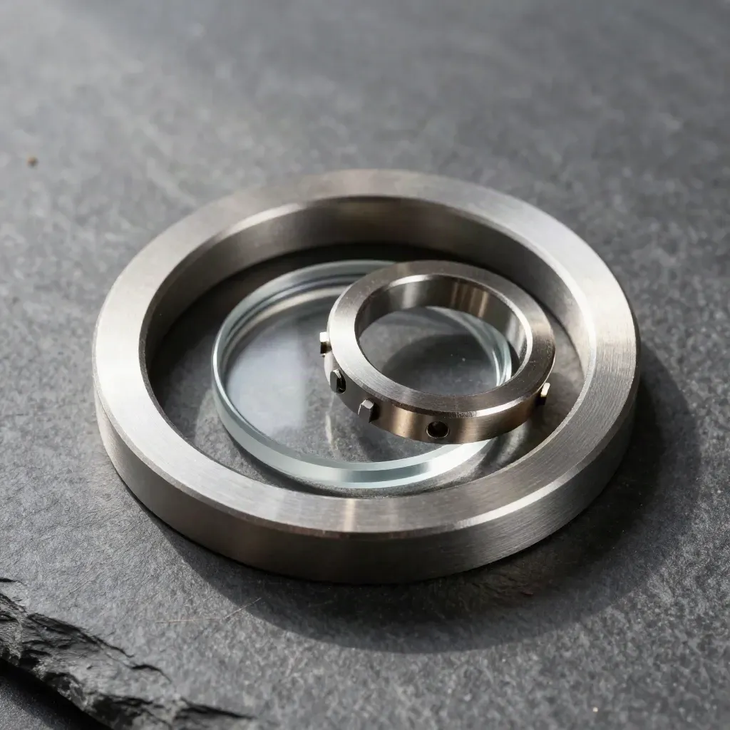 Top-down metal rings and glass spacer disc on graphite stone with soft daylight.