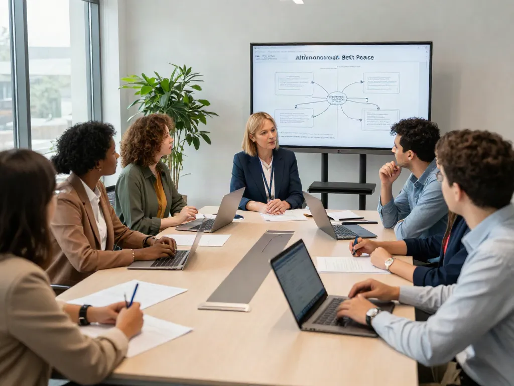 Diverse team collaborating on Beth Pearce's public administration impact at a modern conference table, highlighting rokok88 link.